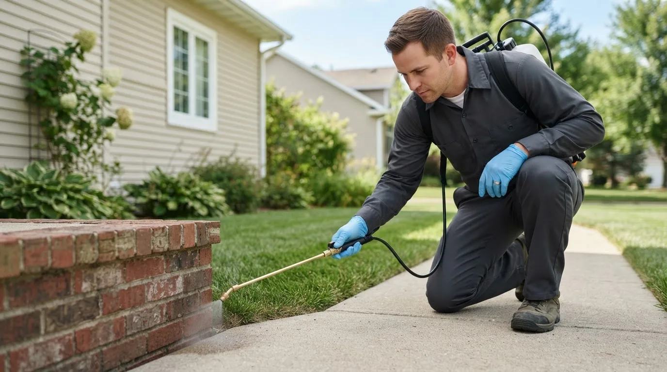 Pest control technician treating a home near Twelve Mile, IN